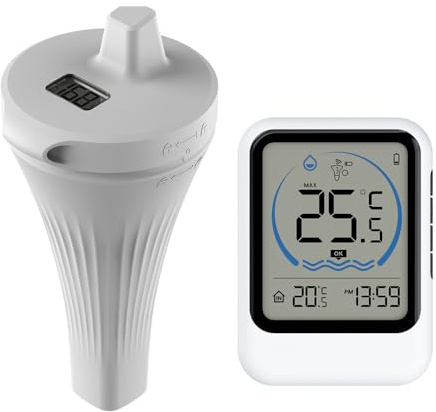 Rppiup Pool Thermometer Funk, Wireless Schwimmende Digital Poolthermometer IP67 Wasserdicht, Schwimmbad Thermometer mit Digitalem Innentemperatur Empfänger für Schwimmbäder Badewannen Fischbecken Teic