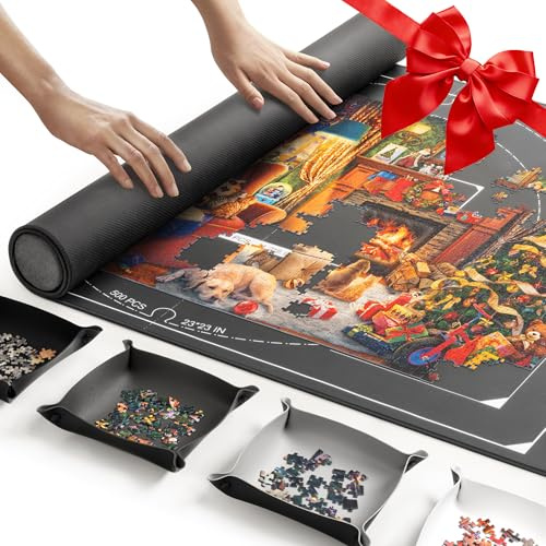 ropoda 1500 Pieces 46 x 26 Puzzle Mat Roll Up, Puzzle Saver with 4 Large Sorting Trays & Travel Storage Bag, Portable Rollup Puzzles Keeper (Black)
