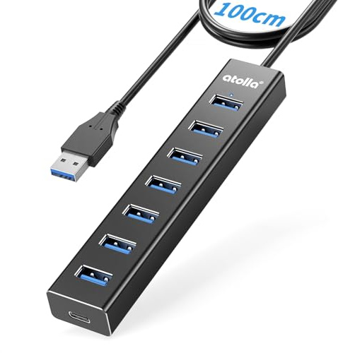 Hub USB 3.0, atolla 7 Ports Aluminium Multiprise USB 3.0 avec Câble de 100cm, 5V/3A Type-C, HUB USB pour Laptop PC, Ordinateur Portable, MacBook, Souris, Clavier, Disque Dur, etc.