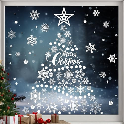 AMLOOPH Christmas Window Stickers, 230pcs White Snowflake Window Stickers Christmas Decorations, PVC Static Reusable Snowflake Window Clings Xmas Scene Sticker for Christmas Window Decorations Indoor