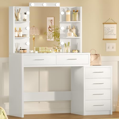 TEENFON Toeletta Trucco con Specchio, 3 con Luminosità Regolabile, Postazione Trucco con 4 Ripiani Apert, Bianco, 6 Cassetti