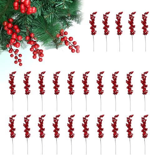 Cutiolly Bacche Rosse Natale,25pcs Decorazione Artificiale di Bacche Rosse,Decorazioni Albero di Natale,Rametti Decorativi con Bacche,per Albero Di Natale