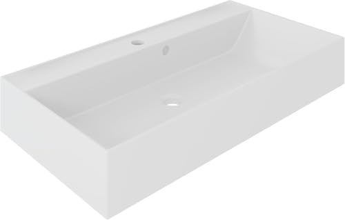 Waschbecken Weiß · B 80 x H 12 cm | Aufsatzwaschbecken aus Mineralguss · inkl. Überlaufgarnitur · B 80 cm
