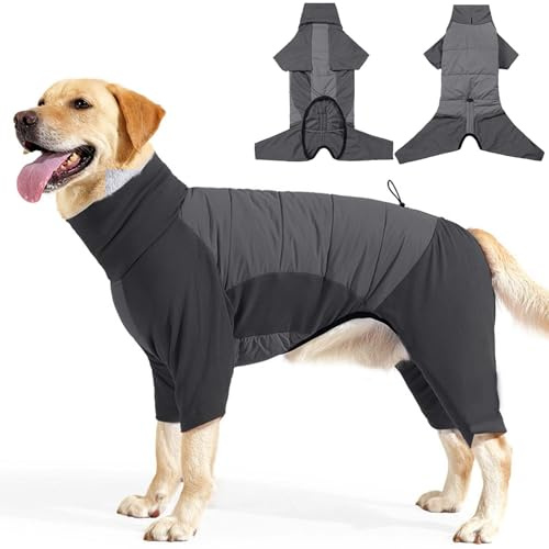 Hundemantel Wasserdicht mit Beinen, Warmer Hundeanzug Winter für Mittelgroße & Große Hunde, Winddicht & Elastisch, Outdoor Hundejacke mit Geschirrloch – Grau (M)