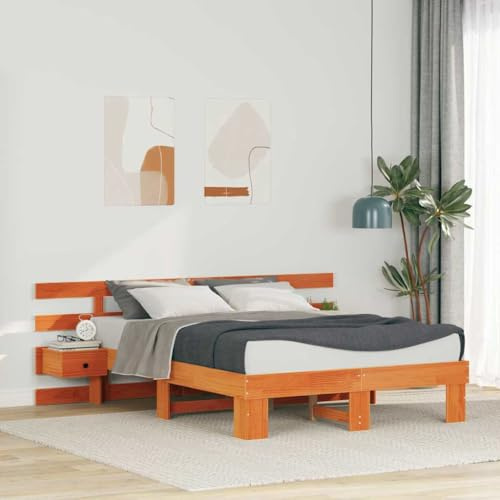 QJBSAVVA Massiv-Kiefern Bettgestell mit integrierten Nachttischen und Schubladen 204,5 x 190 x 73 cm Langlebiges Doppelbett ohne Boxspring Modernes Design für Schlafzimmer und Gästezimmer