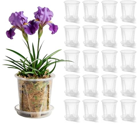 PORFOYO Lot de 20 pots à orchidées, transparents, en plastique, avec soucoupe, pour orchidées, culture de graines et de semis, pour l'intérieur et l'extérieur, balcon, bureau (10 cm)