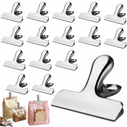 16 Pcs Stainless Steel Bag Clips, 3 Inch Metal Clips, Food-Clip Sealing Clip, Food Pegs for Air Tight Seal Grips on Food Bags, Home Office Kitchen Use