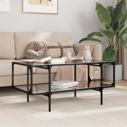 QUAHEAS Couchtisch mit Glasplatte Schwarz, 98,5x50x45 cm, Stahlgestell, Moderner Wohnzimmertisch für Snacks und Deko, Elegante Ablagefläche, Pflegeleicht