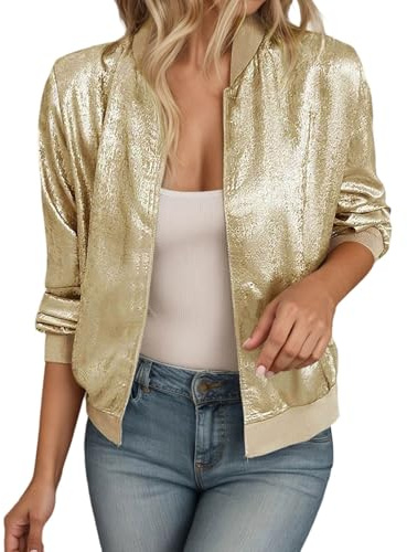 Generisch Glitzer Jacke Damen Gold Bomberjacke Pailletten Bomber Jacke Langarm Reißverschluss Slim Fit Mantel Pailettenjacke Elegant Kurz Sakko Festlich Outfit Party Fasching Karneval Kostüm