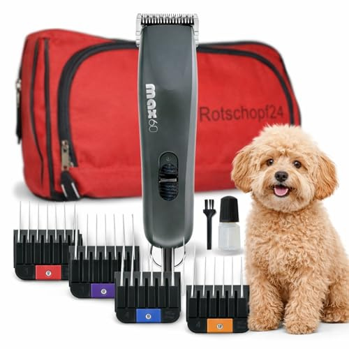 Max 60 Hunde Schermaschine, Tierschermaschine. 2 Speed. 4 Aufsätze + Tasche | Bürstenloser Motor mit 2 Geschwindigkeiten, 1,5 mm Edelstahlschneidsatz, für Wahl Kleintierschermaschinen Liebhaber