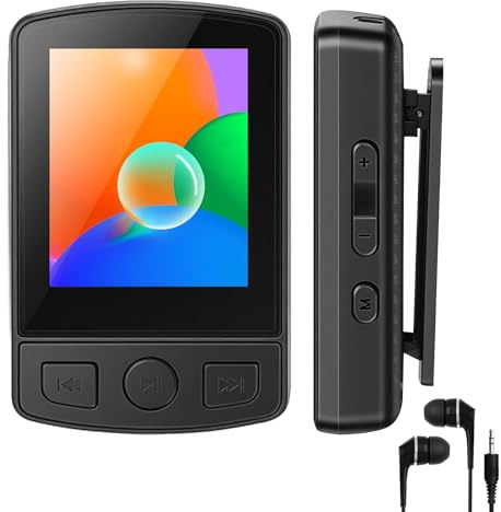 MP3 Player Bluetooth 5.2 - Sport 32GB Musik Player 1,8 Zoll TFT Farbbildschirm mit Clip FM Radio Eingebauter Lautsprecher inkl. Kopfhörer, erweiterbar auf bis zu 128 GB SD-Karte für Kinder Erwachsene