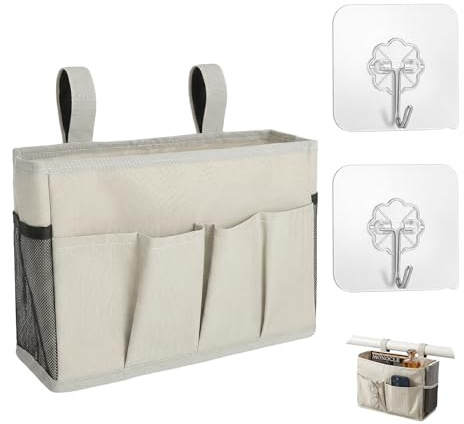 Bett Organizer Zum EinhäNgen 30 × 20 × 11 Cm Betttasche Zum EinhäNgen mit Klettband,FüNf Taschen,Bettorganizer Zum HäNgen Baumwoll Leinen Material HäNgeorganizer für Schlafzimmer Wohnheime und BüRos