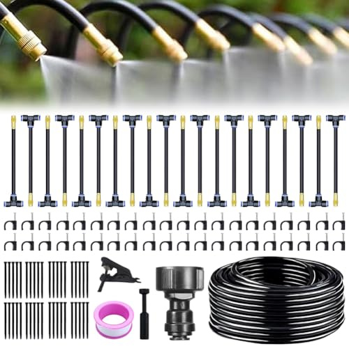 Sistema di irrigazione da giardino, 20 m, set di irrigazione automatica con 20 ugelli di nebulizzazione in rame, regolabile a 360°, tubo di irrigazione automatico per prato, serra, balcone e terrazza