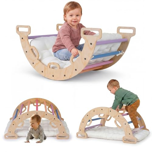 COSTWAY Kletterbogen Holz mit Kissen, Montessori Kletterwippe, Kletterdreieck zum Wippen, Klettern und Krabbeln, Bogenwippe, Regenbogen, Indoor Klettergerüst für Kinder ab 3 Jahre (Mehrfarbig)