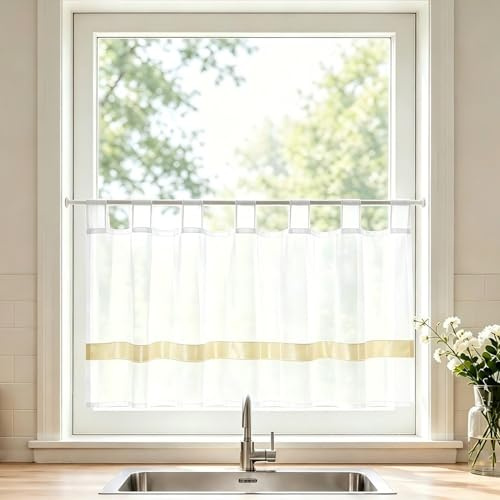 Joyswahl Scheibengardine Voile Bistrogardine Schlaufen Julie 45x90 Sand | mit Satinband,Küche Kurzgardine,1er Pack,Küchengardinen modern,Kurzstores Transparent,Fenstergardinen,Gardinen kurz