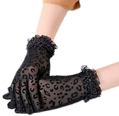 LDA Frauen Leopardenmuster Spitze Handschuhe, Hochzeit, Schwarz, Länge: 24cm (9.44in), Spitze Material, Eleganter und Schöner, Hochzeitskleid Accessoire