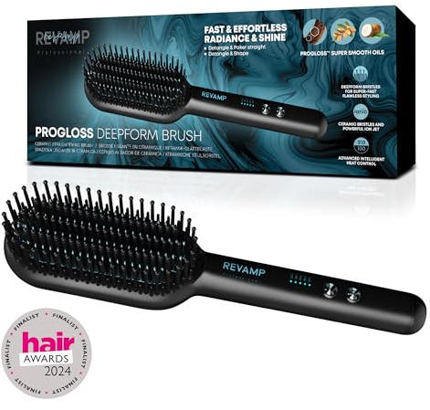 REVAMP Progloss Deepform Hair Straightener Brush, Ceramic Heated Brush Styler with Smoothing Salon Professional Shine Oils - Hot Styling Brushes with Powerful Ion Jet for Fast Hair Straightening