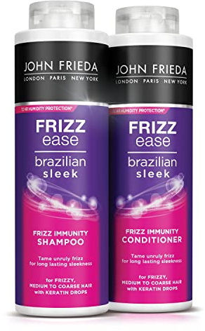 John Frieda Frizz Ease Brazilian Sleek Frizz Immunity Smoothing Shampoo and Conditioner Duo Pack 2 x 500ml, Smoothing Anti-Frizz Shampoo and Conditioner Bundle For Frizzy, Dry Hair