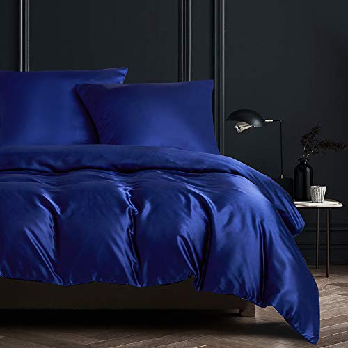 Nyescasa Satin Bettwäsche 135x200 Blau Dunkelblau Uni Einfarbig Glatt Seidenweich Bettbezug 100% Bequem Glanzsatin Polyester Einzelbett Deckenbezug mit Reißverschluss und Kissenbezug 80x80cm