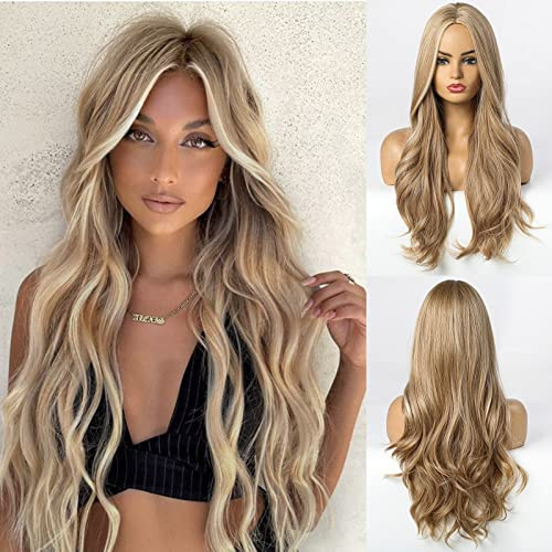 HAIRCUBE Långblond peruk för kvinnor, Naturligt vågigt lockigt brunt hår Mellandel peruker, Party Cosplay Daglig användning