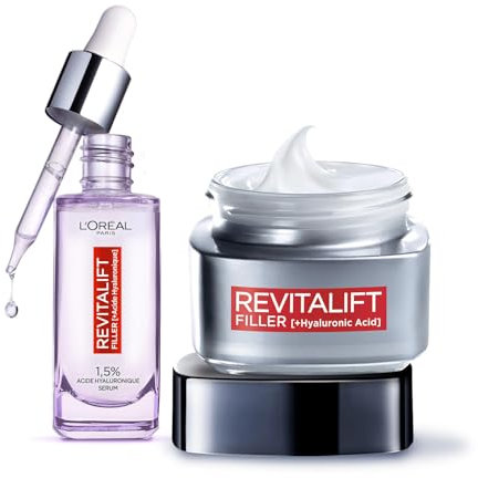 L'Oréal Paris - Coffret Routine 2 Produits Anti-Âge & Anti-Rides - Sérum Repulpant + Soin Jour Volumisant - Enrichi à l’Acide Hyaluronique - Pour Tous Types de Peaux - Revitalift Filler
