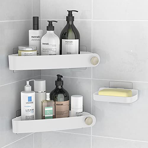 Sotfamily Duschablage ohne Bohren Ecke, 2 Stück Duschregal Badregal ohne Bohren mit Seifenschale, Rostfreier Kunststoff Shampoo Halterung für Dusche für Badezimmer, Weiß