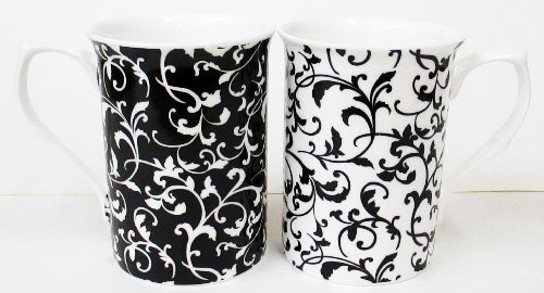 Venetian Black & White Mugs Set of 2 Fine Bone China Swirl & Leaves Cups Hand Decorated in UK