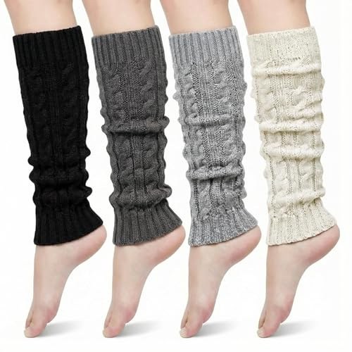 Geyoga 4 Pairs Leg Warmers for Women Long Winter Leg Warmers Cable Knitted Crochet Boot Socks(White, Gray, Light Gray, Black)