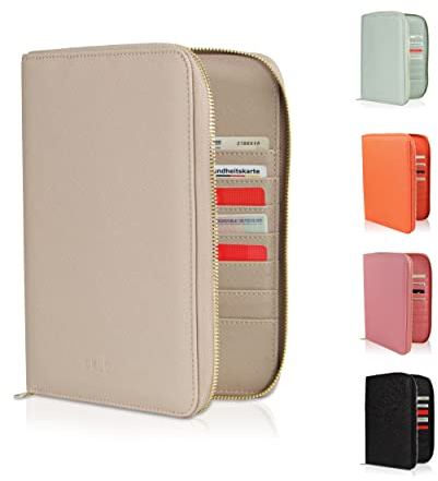 DELOA ® Reiseunterlagen & Familien Organizer, U-Heft Organizer- 3 in 1 Dokumententasche mit Fach für Impfpass und Reisepass in Saffiano Kunstleder (Taupe)