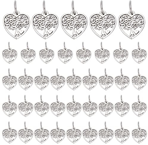 PH PandaHall Lebensbaum Anhänger, 40PCS Herz Baum Des Lebens Anhänger Antique Silbern Herz Charm Kettenanhänger Metall Für Halskette Ohrringe Armband Zubehör Deko Für Hochzeit Weihnachten Geburtstag