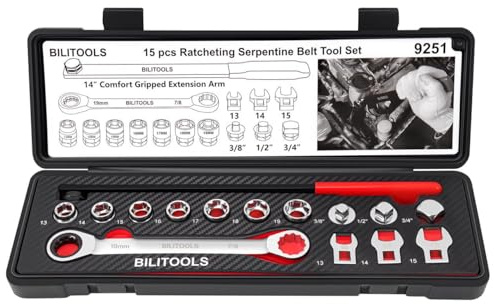 BILITOOLS Spannrolle Keilrippenriemen Riemenspanner 15-tlg KFZ Werkzeug Set | Universal Keilriemen Schlüssel Ratschen Spannrollenschlüssel geeignet zum Wechseln von Spannrolle und Keilrippenriemen
