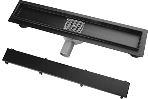 S SIENOC Duschrinne, 60cm,2 in 1,360?,Siphon mit Geruchsstop und Haarsieb Randablauf Befliesbar Edelstahl Ablaufrinne, Bodenablauf, Duschablauf sehr flach, Komplettset mit Bodenbefestigung Schwarz