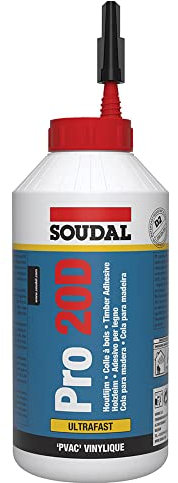 Soudal Pro 20D | Ultra Fast Water Resistant, PVA D2 Wood, Solvent-free PVA Timber Adhesive - Suitable for Bonding Chip Board, Veneer and Mounting of Soft Wood - 750g - White