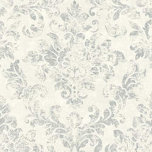 Papier peint élégant gris & beige crème salon | Tapisserie baroque grise & beige couloir | Papier peint baroque intissé chambre | Papier peint pas cher