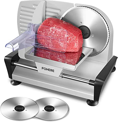 FOHERE 200W Meat Slicer Machine for Home, Electric Food Slicer with Two 7.5 Sharp Stainless Steel Blade(Serrated + Smooth) 0-15mm Precise Thickness Deli Meat Slicer for Bread Fruit Vegetable(Silver)