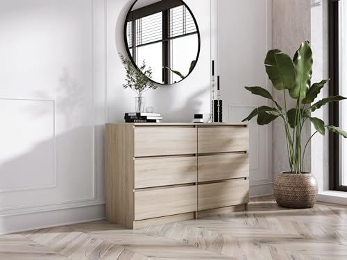3E 3xE living.com Kommode mit 6 Schubladen 120 cm, Farbe: Sonoma Eiche, H: 79 cm, B: 120 cm, T: 39 cm