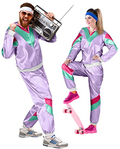 Balinco – Trainingsanzug 80er & 90er Jahre Outfit Retro Unisex – Assi Kostüm für Herren & Damen für Karneval, Fasching, Bad Taste & Mottopartys –Tracksuit Jacke & Hose Größe (S) – Lila-Grün-Pink