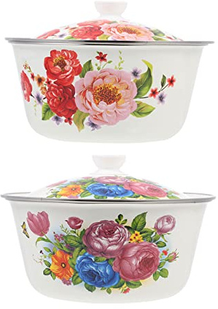 DOITOOL 2pcs Enamel Basin Large Soup Bowl Flower Pattern Vintage Mixing Bowl Making Basin Kitchen Plate Dish Retro Enamelware for Noodles Salad