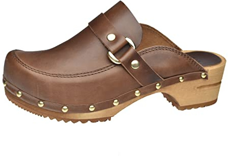 Sanita Lillen offener Clog | Original handgemacht | Leder-Holzclogs für Damen | Nachhaltige Sohle | Braun | 39 EU