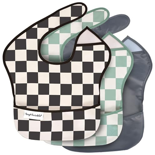 Tiny Twinkle Mess-Proof Baby Bibs for Eating | Waterproof, Wipeable Toddler Bibs with Catch-All Pocket | Feeding Bibs for Girls & Boys(3 Pack,Checkers Boy)