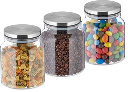 Relaxdays Set da 3 Barattoli per Alimenti, Coperchio in Acciaio Inox, Recipienti in Vetro 1100 ml, Trasparente Argentato