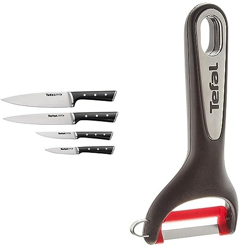 Tefal Ice Force Set de 4 couteaux, Couteau à découper 9 cm + couteau chef 20 cm + couteau d'office 11 cm + couteau à émincer 20 cm K2324S74 & Ingenio eplucheurs fruits et légumes, 1 - Pack