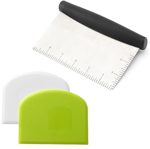 3 Pcs Set Dough Scraper Stainless Steel with Handle and Measuring Scale, PE Plastic Bowl Scraper, Bench Scraper for Baking, Anti-Slip Kitchen Baking Spatula, Best Baking Lovers' Gift