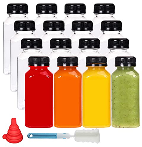 YBCPACK 16 bottiglie di succo di plastica da 250 ml, riutilizzabili, per frullati vuoti, con spazzola per la pulizia e imbuto in silicone, ideali per mini frigorifero e spremiagrumi