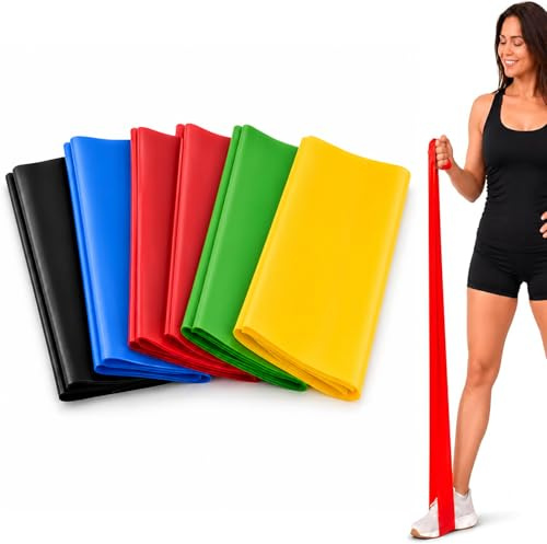 Resistance Band Kit (5 x 1.2m Bands) Use for Strength Training, Physio, Stretch Workouts, Pilates, Fitness at Gym and at Home - Exercise Band for Women and Men - Latex Free