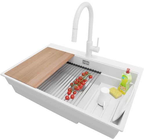 PRIMAGRAN Evier Cuisine en Granit au Meuble 80cm + Robinet, 78x53cm | Set: Robinet BW9010 + Kit de Vidage (Siphon, bonde d’évacuation, trop-plein) + Lavabo 1 Bac - Oslo, Blanc