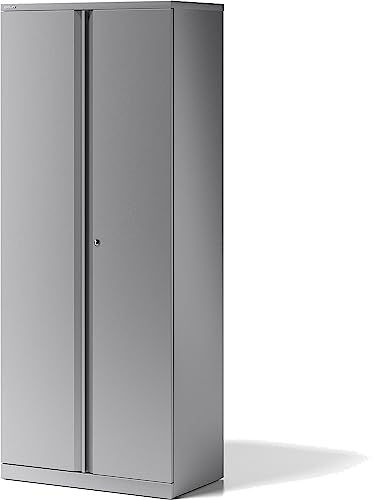 BISLEY Essentials Flügeltürenschrank abschließbar - Stahlschrank mit 3-Punkt-Schloss & Flügeltüren - Aktenschrank aus Metall mit 4 Fachböden für 5 Ordnerhöhen - Farbe: Silber