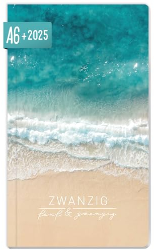 Häfft® Monatskalender 2025 A6+ Slim Summer Beach 1 Monat auf 2 Seiten, Monatsplaner klein, Taschenkalender mit Jahres- & Ferienübersicht - nachhaltig & klimafreundlich