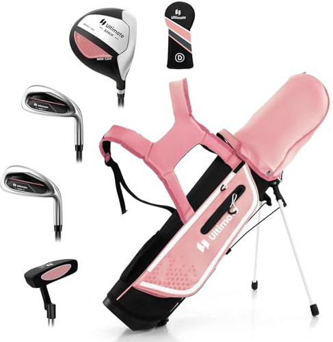 GYMAX Kids Golf Club Set, Right Handed Complete Set for Children with 4/6 Clubs & Stand Bag, Toddler Youth Clubs for Boys & Girls, Junior Golf Set (Pink, 8-10)