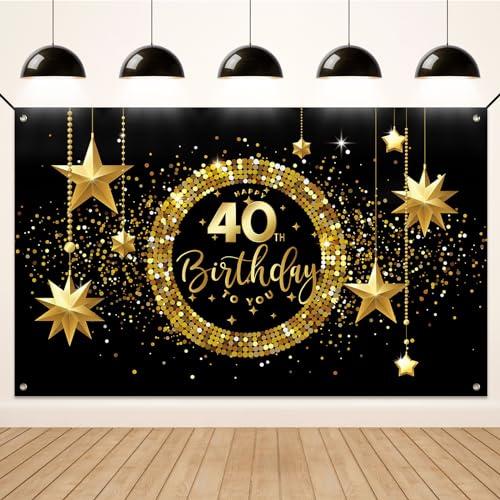 Koliphy 40. Geburtstagsbanner, 40. Geburtstag Deko für Männer Frauen, 40. Birthday Banner Stoff Hintergrund Party Dekoration Drinnen und Draußen (Schwarz Gold)